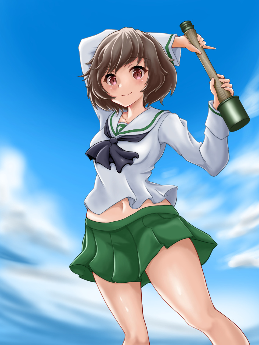 1girl akiyama_yukari arm_behind_head arm_up bangs black_neckwear blouse blue_sky brown_eyes brown_hair closed_mouth clouds cloudy_sky commentary_request day e_gs310 explosive eyebrows_visible_through_hair girls_und_panzer green_skirt grenade highres holding_grenade long_sleeves looking_at_viewer messy_hair miniskirt neckerchief ooarai_school_uniform outdoors pleated_skirt sailor_collar school_uniform serafuku short_hair skirt sky smile solo standing stielhandgranate white_blouse white_sailor_collar
