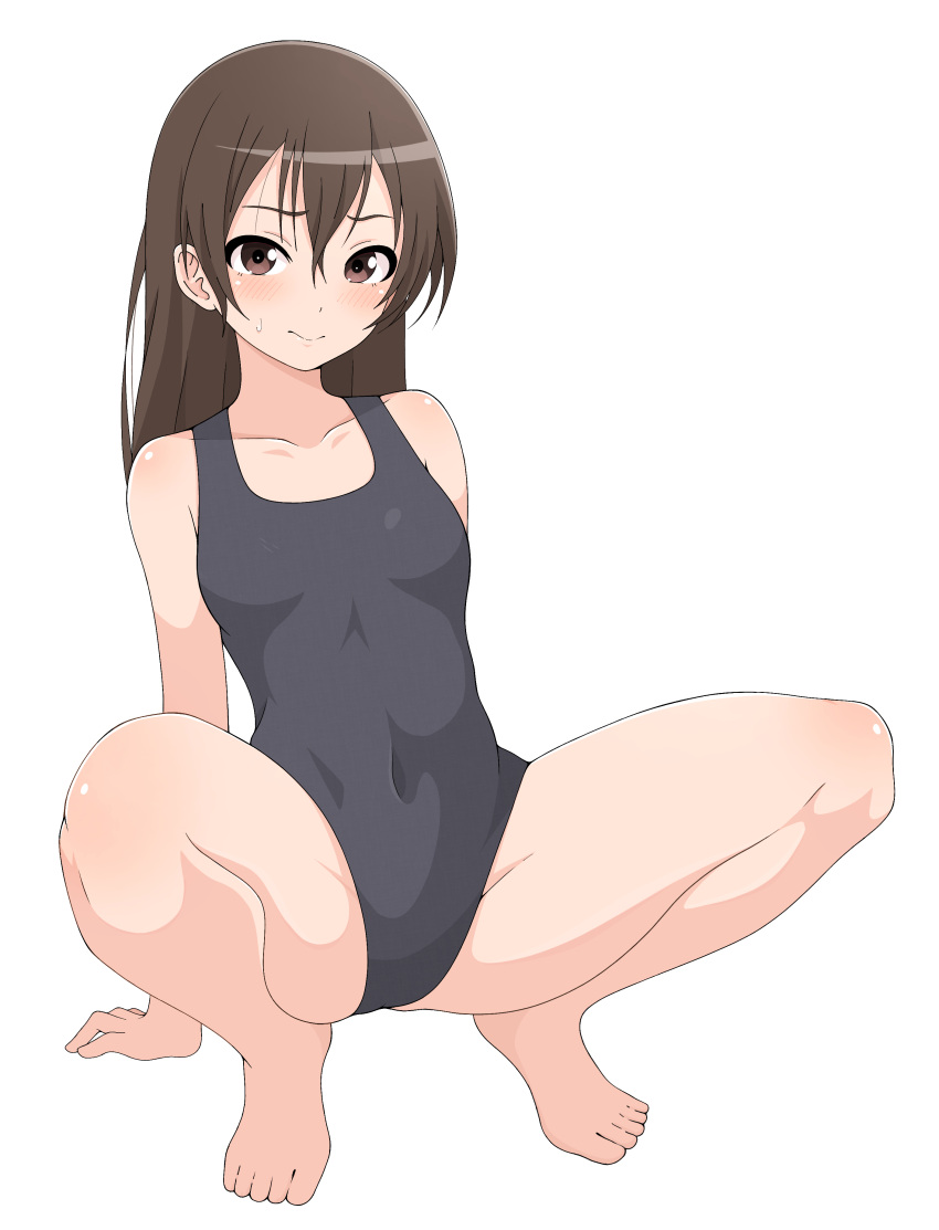 1girl absurdres barefoot black_hair black_swimsuit brown_eyes collarbone commentary_request flat_chest full_body highres ito_kashiwamochi long_hair looking_at_viewer original school_swimsuit simple_background solo squatting swimsuit white_background