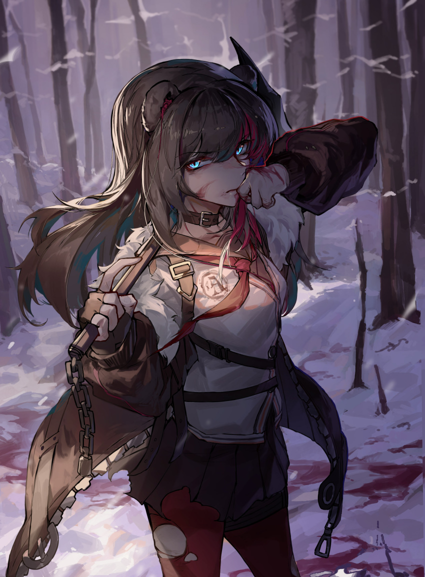 1girl absurdres animal_ears arknights axe bare_tree bear_ears blood blue_eyes brown_collar brown_hair brown_jacket brown_skirt chinese_commentary collar cowboy_shot forest fur-trimmed_hood fur_trim hand_up highres holding holding_axe hood jacket looking_at_viewer multicolored_hair nature open_clothes open_jacket pantyhose pleated_skirt qingfeng_canying red_legwear red_neckwear redhead school_uniform shirt skirt snow solo streaked_hair torn_clothes torn_legwear torn_shirt torn_skirt tree weapon_behind_back white_shirt zima_(arknights)