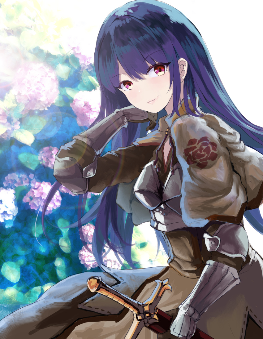 1girl absurdres brown_capelet brown_dress capelet chest_guard closed_mouth commentary cowboy_shot dress egnigem_cenia eyebrows_visible_through_hair floral_print flower hair_between_eyes highres holding holding_sword holding_weapon huge_filesize hydrangea long_hair looking_at_viewer pink_flower purple_hair ragnarok_online red_eyes rose_print sail_(sail-away) smile solo sword swordsman_(ragnarok_online) weapon