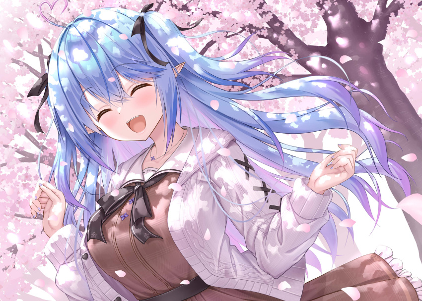 1girl :d ^_^ absurdres ahoge blue_hair breasts cherry_blossoms closed_eyes commentary_request dutch_angle fingernails hair_ribbon heart heart_ahoge highres hololive large_breasts long_hair multicolored_hair nail_polish outdoors pointy_ears purple_nails ribbon smile solo tree two-tone_hair uehiro upper_body virtual_youtuber yukihana_lamy