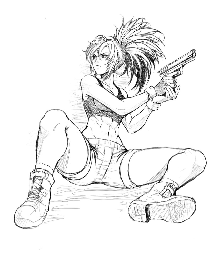 1girl abs anagumasan bangs bare_shoulders boots earrings gloves gun highres holding holding_gun holding_weapon jewelry leona_heidern lineart looking_to_the_side midriff monochrome muscular muscular_female ponytail shorts simple_background sitting solo spread_legs tank_top the_king_of_fighters triangle_earrings weapon