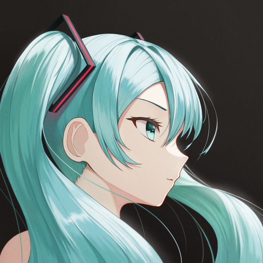 1girl absurdres aqua_eyes aqua_hair batorasama black_background closed_mouth floating_hair from_side hair_intakes hatsune_miku highres huge_filesize long_hair portrait profile smile solo twintails vocaloid