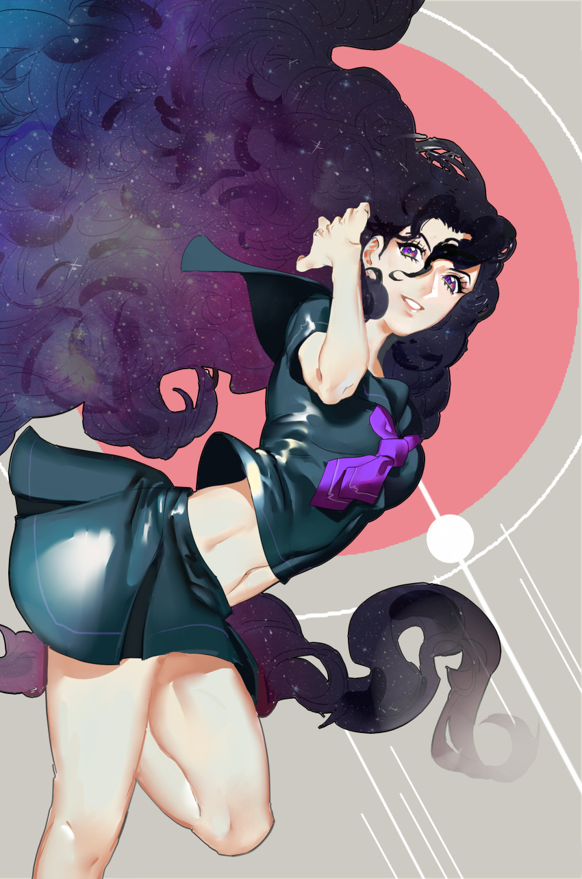 1girl absurdly_long_hair absurdres big_hair black_hair black_sailor_collar black_shirt black_skirt circle diamond_wa_kudakenai feet_out_of_frame floating_hair hair_between_eyes highres jojo_no_kimyou_na_bouken lingzi long_hair midriff navel neckerchief parted_lips purple_neckwear sailor_collar shirt short_sleeves skirt smile solo very_long_hair yamagishi_yukako