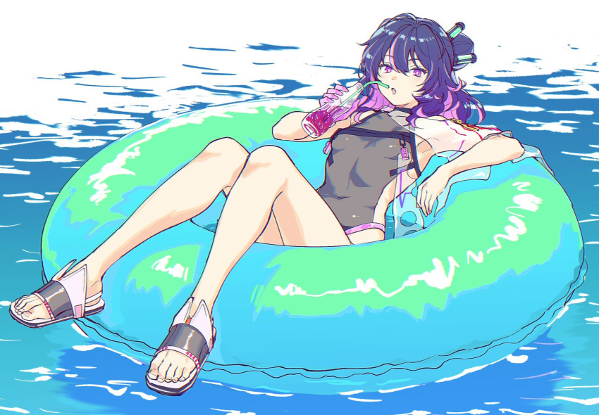 1girl bangs bottle breasts dm_owr drinking_straw floating girls_frontline highres innertube kac-pdw_(girls_frontline) long_hair looking_at_viewer navel one-piece_swimsuit open_mouth purple_hair purple_nails sandals see-through solo swimsuit violet_eyes