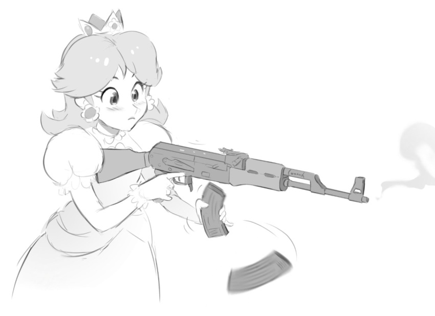 1girl ak-47 assault_rifle bangs crown dress earrings english_commentary flower_earrings greyscale gun hair_behind_ear holding holding_gun holding_weapon jewelry juliet_sleeves long_sleeves magazine_(weapon) super_mario_bros. mathias_leth monochrome princess_daisy puffy_sleeves reloading rifle smoke smoking_gun solo weapon white_background