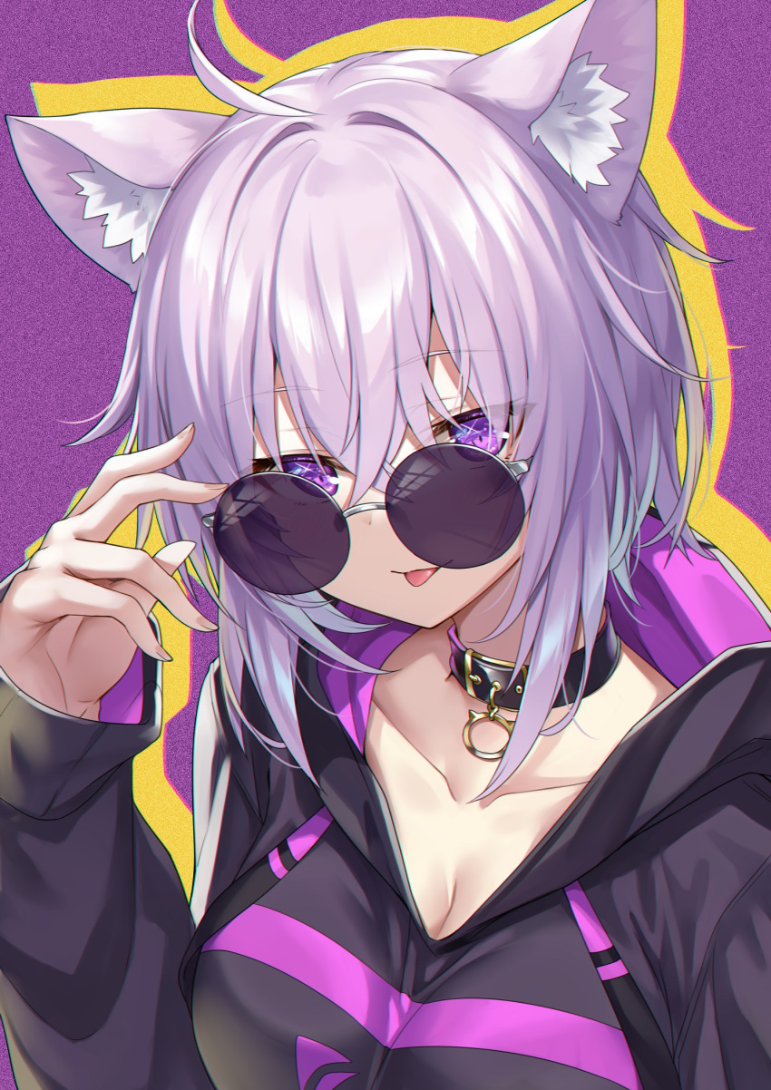 1girl :p ahoge animal_ear_fluff animal_ears bangs breasts cat_ears collar collarbone commentary eyebrows_visible_through_hair hair_between_eyes highres hololive light_purple_hair long_sleeves looking_at_viewer medium_breasts medium_hair nekomata_okayu round_eyewear simple_background solo sunglasses tongue tongue_out upper_body violet_eyes virtual_youtuber xephyrks