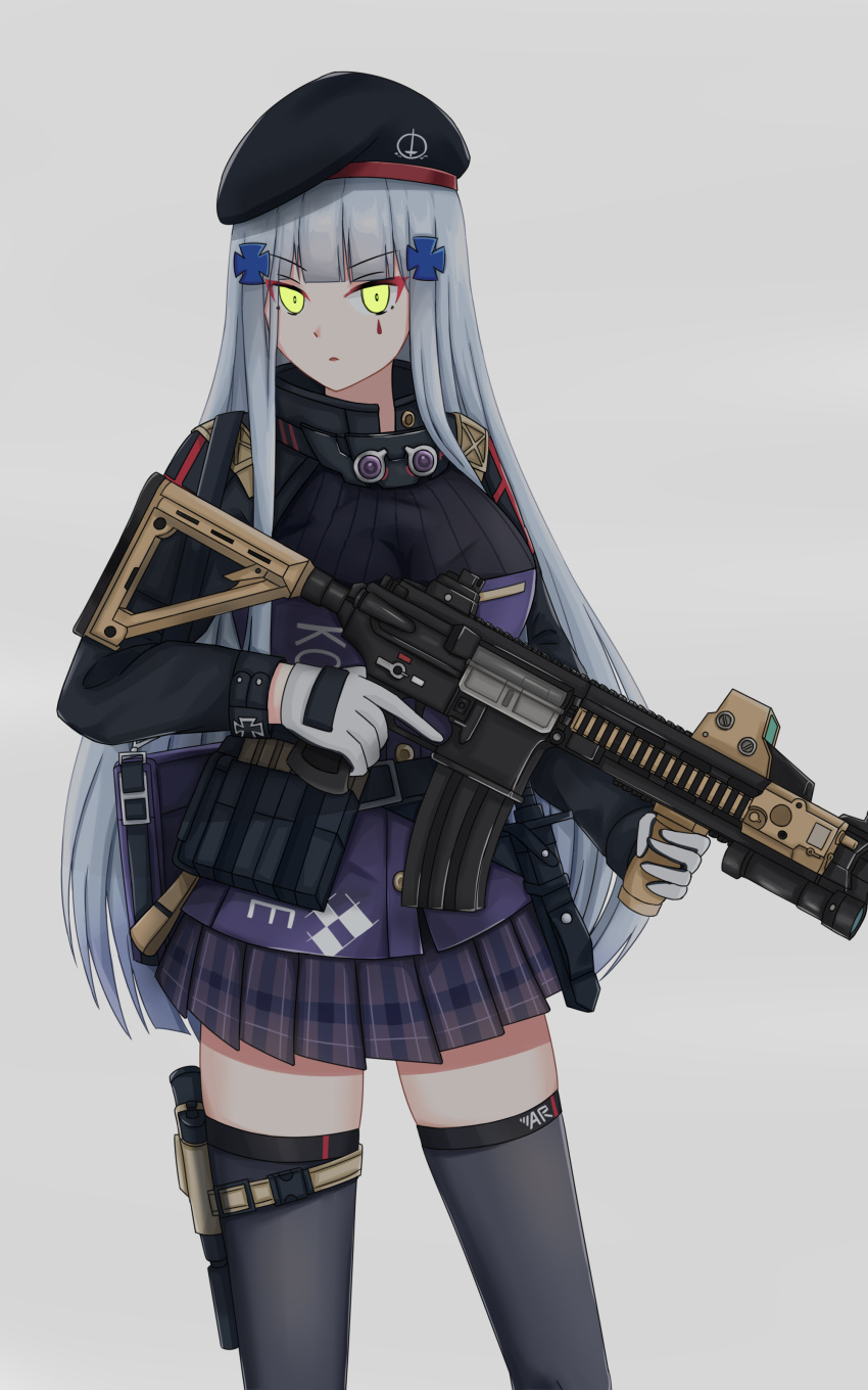 1girl absurdres assault_rifle bag bangs beret black_legwear blue_hair breasts checkered checkered_skirt closed_mouth daisy_cutter eyebrows_visible_through_hair feet_out_of_frame girls_frontline gloves green_eyes gun h&amp;k_hk416 hat highres hk416_(girls_frontline) holding holding_weapon holstered_weapon long_hair looking_at_viewer medium_breasts rifle simple_background skirt solo standing thigh-highs uniform weapon white_gloves