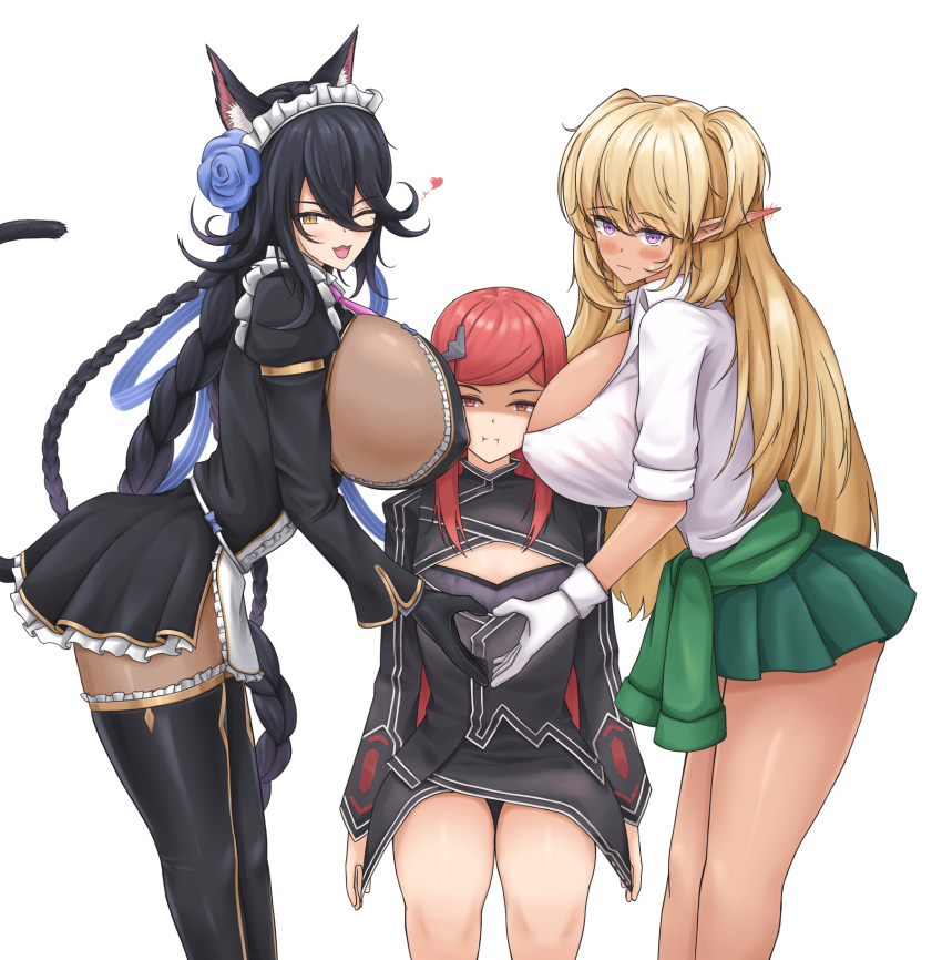 3girls :i animal_ears b-11_night_angel bangs bare_legs black_hair black_legwear blonde_hair blush bodystocking breast_envy breasts cat_ears cat_girl cat_tail cleavage_cutout clothes_around_waist clothing_cutout dark_elven_forest_ranger dark_skin ear_blush elf flat_chest flower gyaru hair_flower hair_ornament heart height_difference highres huge_breasts jacket jacket_around_waist kogal last_origin lazb. long_hair maid_headdress multiple_girls one_eye_closed poi_(last_origin) pointy_ears pout redhead shaded_face short_twintails sideboob swept_bangs tail thigh-highs tri_braids twintails very_long_hair violet_eyes yellow_eyes zettai_ryouiki