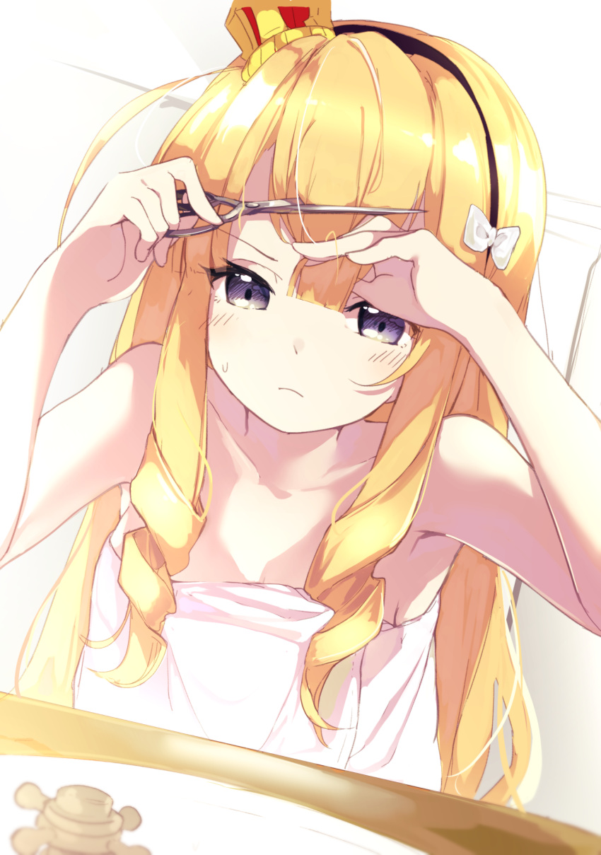 1girl arms_up azur_lane bangs black_hairband blonde_hair blush bow collarbone commentary_request crown cutting_hair cutting_own_hair drill_hair frown hair_bow hairband highres holding holding_hair holding_scissors long_hair looking_at_viewer mini_crown naked_towel queen_elizabeth_(azur_lane) scissors sidelocks solo suwakana sweatdrop towel twin_drills upper_body violet_eyes white_bow white_towel