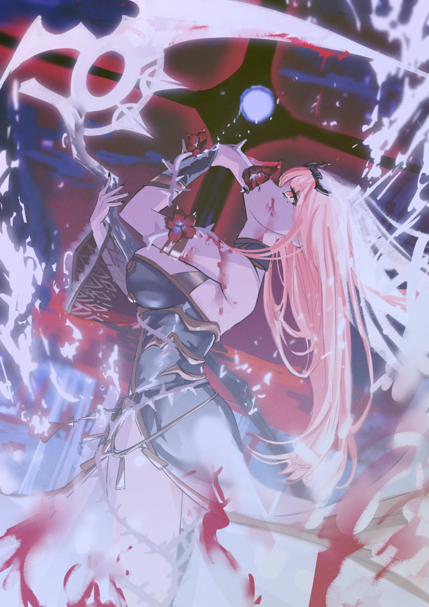 1girl black_dress black_nails breasts dress flower highres hololive hololive_english large_breasts long_hair mori_calliope pink_eyes pink_hair scythe set7 thorns virtual_youtuber