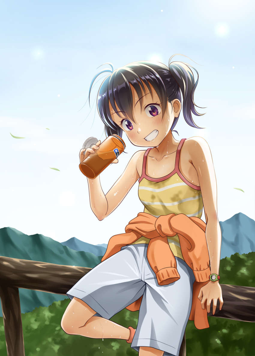1girl against_railing bare_shoulders black_hair bottle camisole clothes_around_waist collarbone grey_shorts grin hand_up highres holding jacket jacket_around_waist looking_at_viewer malcorond original outdoors railing red_eyes shorts smile solo standing sweat twintails watch watch wet wet_clothes