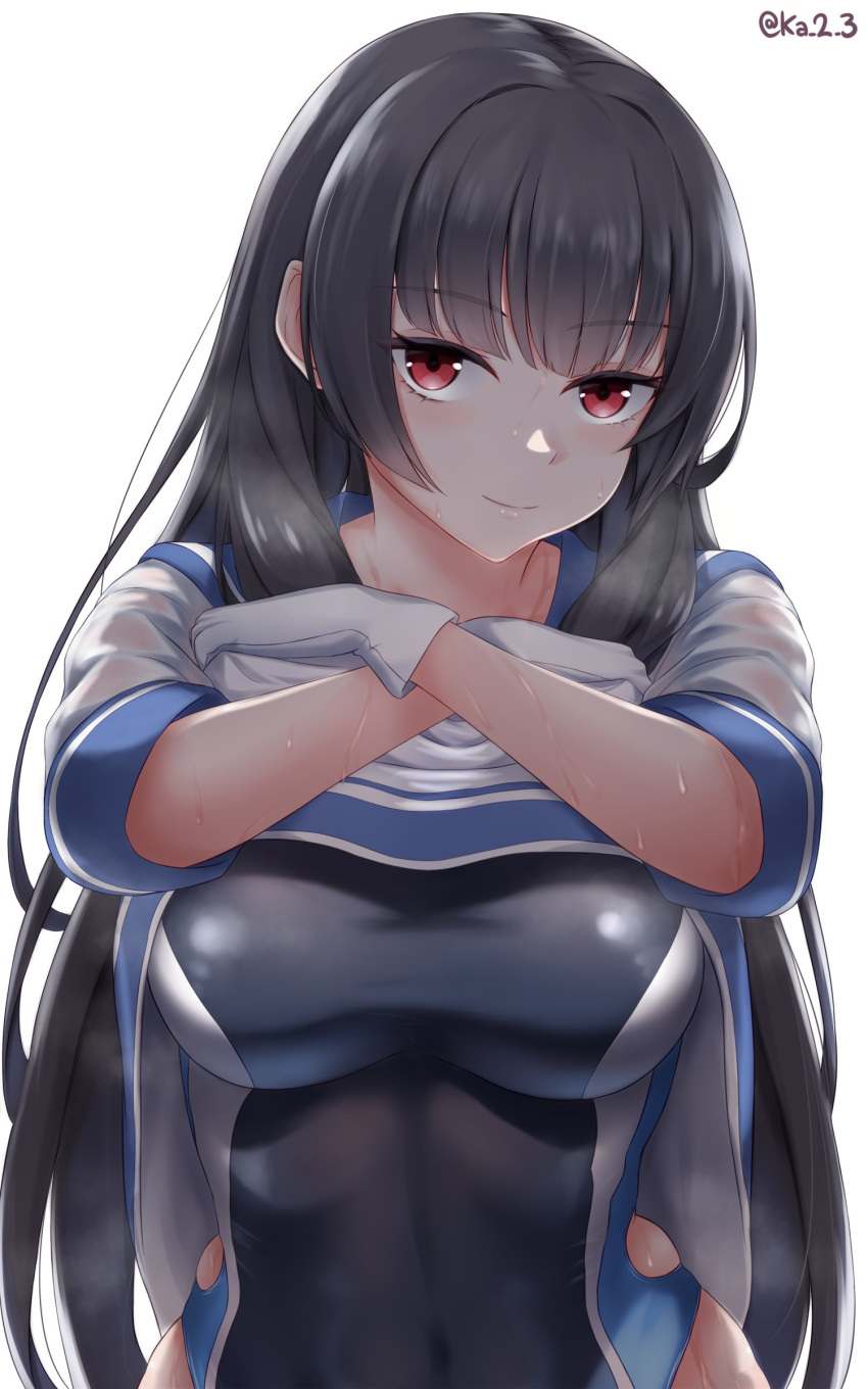 1girl absurdres alternate_costume black_hair black_swimsuit blue_sailor_collar breasts clothes_lift commentary_request competition_swimsuit highres isokaze_(kancolle) kantai_collection katsumi-kun lifted_by_self long_hair looking_at_viewer medium_breasts one-piece_swimsuit red_eyes sailor_collar sailor_shirt school_uniform serafuku shirt shirt_lift simple_background solo swimsuit swimsuit_under_clothes white_background