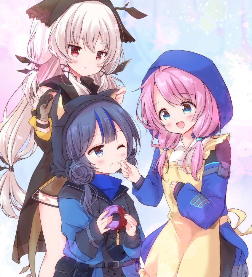 3girls animal_ears apron arknights bangs blue_eyes blue_hair blue_poison_(arknights) blunt_bangs blush charm_(object) closed_mouth double_bun doughnut eyebrows_visible_through_hair food food_on_face frilled_apron frills glaucus_(arknights) gloves hand_on_another's_face highres holding holding_food hood hood_up hooded_jacket jacket jitome long_hair long_sleeves low_twintails multicolored_hair multiple_girls nanarya one_eye_closed open_mouth pink_hair red_eyes shirt shorts streaked_hair twintails weedy_(arknights) white_hair white_shirt yellow_apron