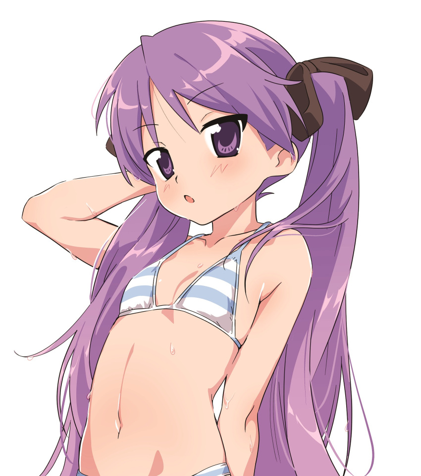 1girl arm_behind_head bangs bikini black_ribbon blush breasts collarbone commentary_request eyebrows_visible_through_hair hair_ribbon hand_up highres hiiragi_kagami hotaru_iori ichimi_renge linea_alba long_hair looking_at_viewer lucky_star navel open_mouth purple_hair ribbon simple_background small_breasts solo stomach striped striped_bikini swimsuit twintails upper_body very_long_hair violet_eyes water_drop wet wet_hair white_background