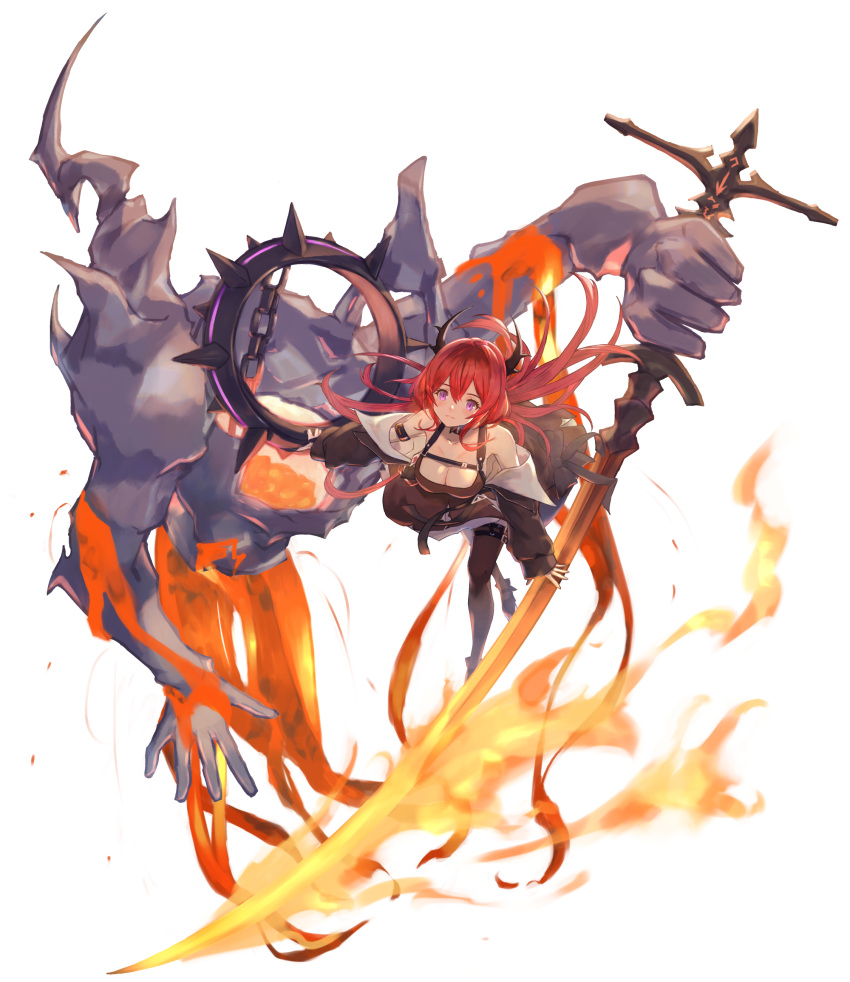 1girl :3 absurdres arknights black_dress demon_girl demon_horns dress floating highres holding holding_weapon horns looking_at_viewer mage_(mage_7me) redhead surtr surtr_(arknights) sword thigh-highs violet_eyes weapon