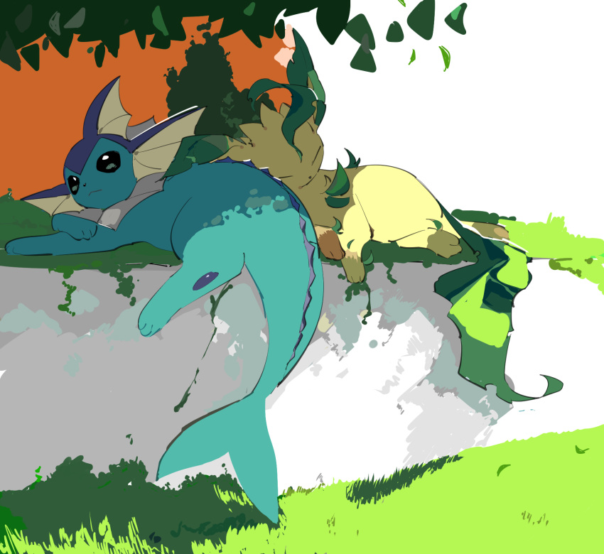 :&lt; animal_focus apios1 black_eyes closed_eyes closed_mouth commentary dappled_sunlight day gen_1_pokemon gen_4_pokemon grass highres leafeon looking_at_viewer lying no_humans outdoors pawpads pokemon pokemon_(creature) sketch sleeping sunlight tree vaporeon