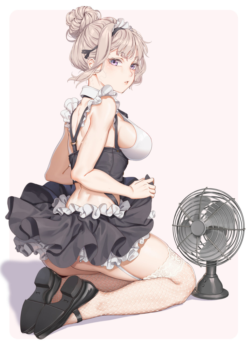 1girl back bare_arms bare_shoulders black_footwear black_skirt breasts clothes_lift crop_top detached_collar electric_fan fangxiang_cuoluan fishnet_legwear fishnets frilled_shirt frills garter_straps grey_hair highres hot large_breasts lifted_by_self looking_at_viewer maid maid_headdress mary_janes midriff miniskirt original parted_lips revealing_clothes shirt shoes simple_background skirt skirt_lift sleeveless sleeveless_shirt solo sweat thigh-highs thighs tied_hair underbust violet_eyes white_background zettai_ryouiki