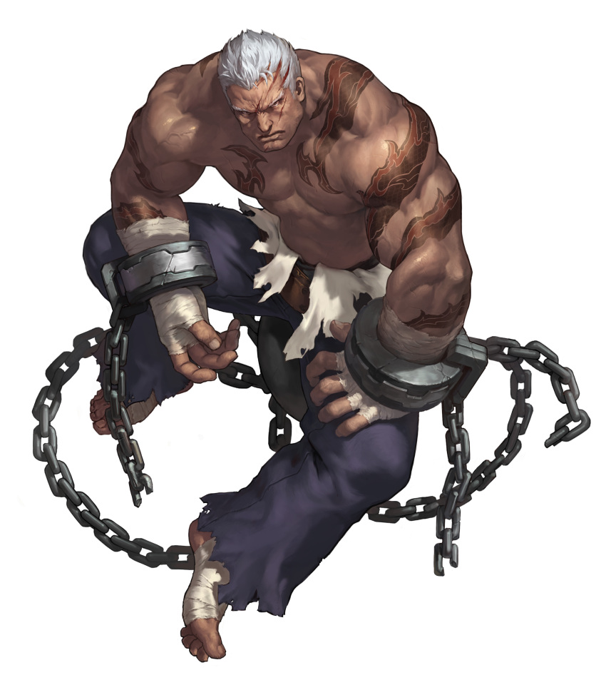 1boy absurdres bandages black_eyes black_skin chain closed_mouth colored_skin desert_mercenary_marvin fingernails foot_wraps game_cg guardian_tales hand_wraps highres looking_at_viewer muscular muscular_male official_art scar shirt short_hair sleeveless tattoo torn_clothes torn_legwear torn_shirt transparent_background white_hair