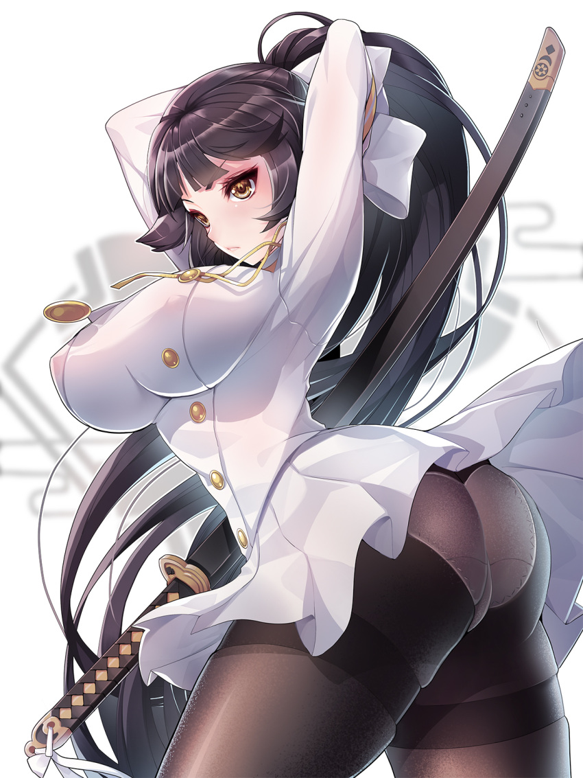 1girl arms_behind_head arms_up ass azur_lane black_hair black_legwear breasts clothes_lift covered_nipples dress eyelashes from_side highres katana koflif large_breasts legs_apart looking_at_viewer panties panties_under_pantyhose pantyhose ponytail see-through see-through_legwear skindentation skirt skirt_lift solo sword takao_(azur_lane) thick_thighs thighs underwear weapon white_dress yellow_eyes