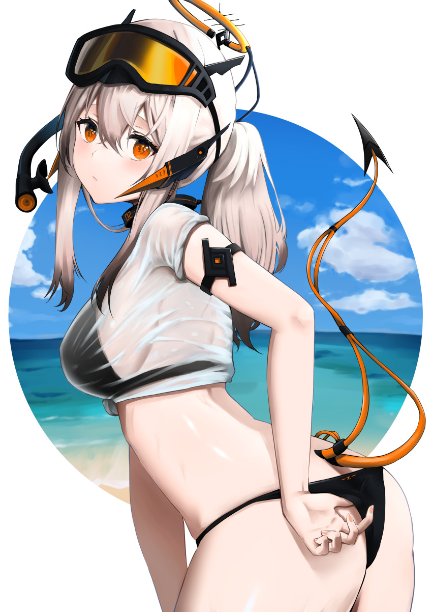 1girl 70zyomin7 absurdres adjusting_clothes adjusting_swimsuit arm_strap ass bangs bikini black_bikini blue_sky blush breasts brown_hair closed_mouth cowboy_shot crop_top demon_tail goggles goggles_on_head gradient_hair hair_between_eyes halo highres huge_filesize leaning_forward long_hair looking_at_viewer medium_breasts multicolored_hair ocean orange_eyes original outside_border see-through short_sleeves sideboob sidelocks silver_hair sky snorkel solo split_tail swimsuit tail water