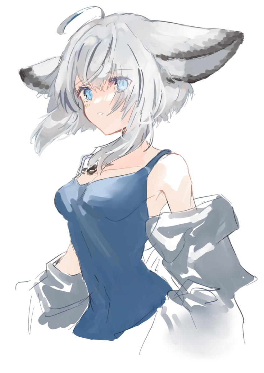 1girl ahoge animal_ears arknights blue_eyes blue_tank_top breasts commentary cropped_torso eyes_visible_through_hair fox_ears grey_hair highres looking_at_viewer medium_hair nanaponi off_shoulder oripathy_lesion_(arknights) parted_lips simple_background sketch small_breasts solo sussurro_(arknights) tank_top white_background