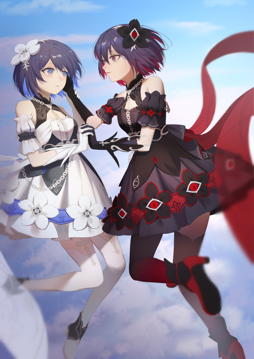2girls absurdres antenna_hair bare_shoulders black_dress black_flower black_gloves black_legwear blue_eyes blue_hair blue_sky closed_mouth clouds cloudy_sky dress dual_persona floating flower full_body gloves hair_flower hair_ornament hand_on_another's_cheek hand_on_another's_face highres holding_hands honkai_(series) honkai_impact_3rd jiantai looking_at_another multiple_girls red_eyes redhead seele_(alter_ego) seele_vollerei seele_vollerei_(stygian_nymph) short_hair sky thigh-highs white_dress white_flower white_gloves white_legwear