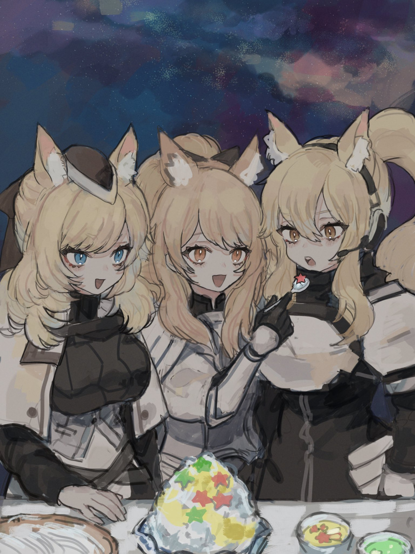3girls animal_ear_fluff animal_ears arknights armor aunt_and_niece black_bow black_headwear blemishine_(arknights) blonde_hair blue_eyes bow feeding food hair_bow headset highres holding holding_spoon horse_ears implied_extra_ears multiple_girls nearl_(arknights) omcxxx open_mouth orange_eyes ponytail siblings sisters spoon upper_body whislash_(arknights)