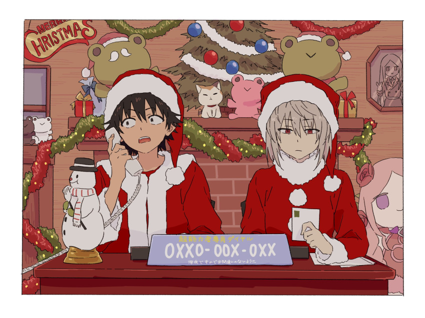 2boys accelerator_(toaru_majutsu_no_index) bangs bauble black_hair box character_request christmas christmas_lights christmas_ornaments christmas_tree closed_mouth coat corded_phone cosplay dress english_commentary english_text facial_hair facing_viewer fake_facial_hair fake_mustache fireplace flower fur_trim gekota gift gift_box grey_hair hair_flower hair_ornament hat highres holding holding_phone indoors kamijou_touma looking_down merry_christmas mixed-language_commentary multiple_boys mustache open_mouth phone picture_frame pink_dress pink_hair postcard red_eyes red_headwear santa_costume santa_hat scarf short_hair sign sitting snowman stuffed_animal stuffed_frog stuffed_toy table talking talking_on_phone teruya_(6w6y) toaru_majutsu_no_index v violet_eyes window