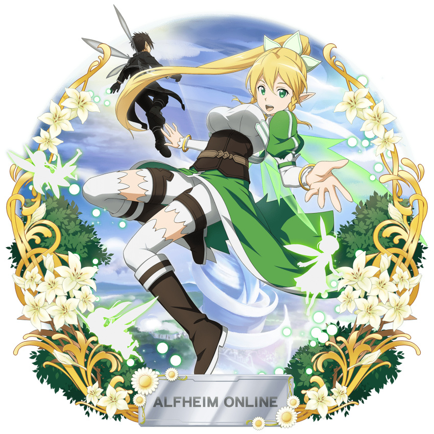 1boy 1girl bangs black_hair blonde_hair bracelet braid breasts brown_footwear fairy floating_hair flower flying full_body green_eyes green_wings hair_between_eyes high_ponytail highres jewelry kirito_(sao-alo) large_breasts leafa lily_(flower) long_hair long_sleeves official_art shiny shiny_hair short_hair shorts spiky_hair sword_art_online thigh-highs transparent_background twin_braids underbust very_long_hair white_flower white_legwear white_shorts white_sleeves wings