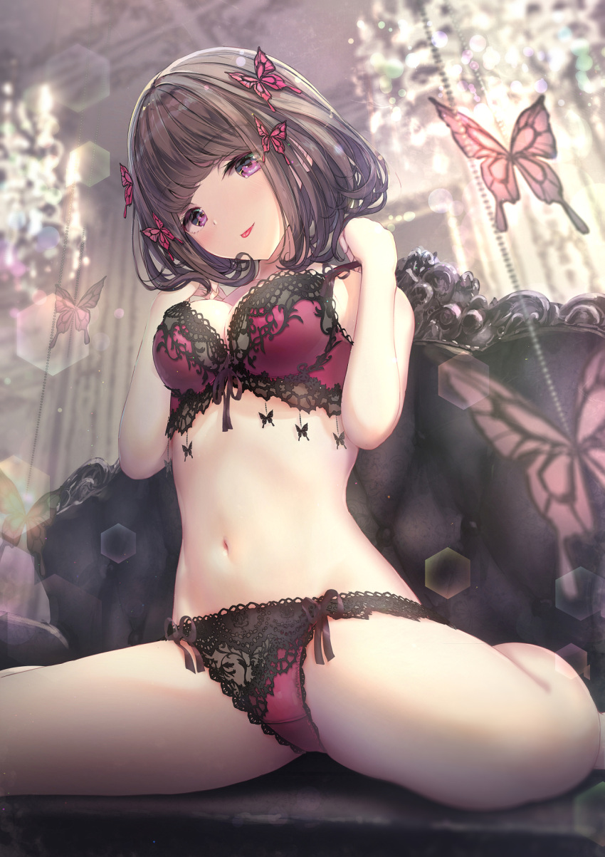 1girl bangs black_hair blunt_bangs blurry blurry_background bow bow_panties bra bug butterfly butterfly_hair_ornament ceiling chandelier hair_ornament highres indoors insect lace lace_bra lace_panties missile228 navel original panties red_bra red_panties sitting solo tongue tongue_out underwear violet_eyes wariza