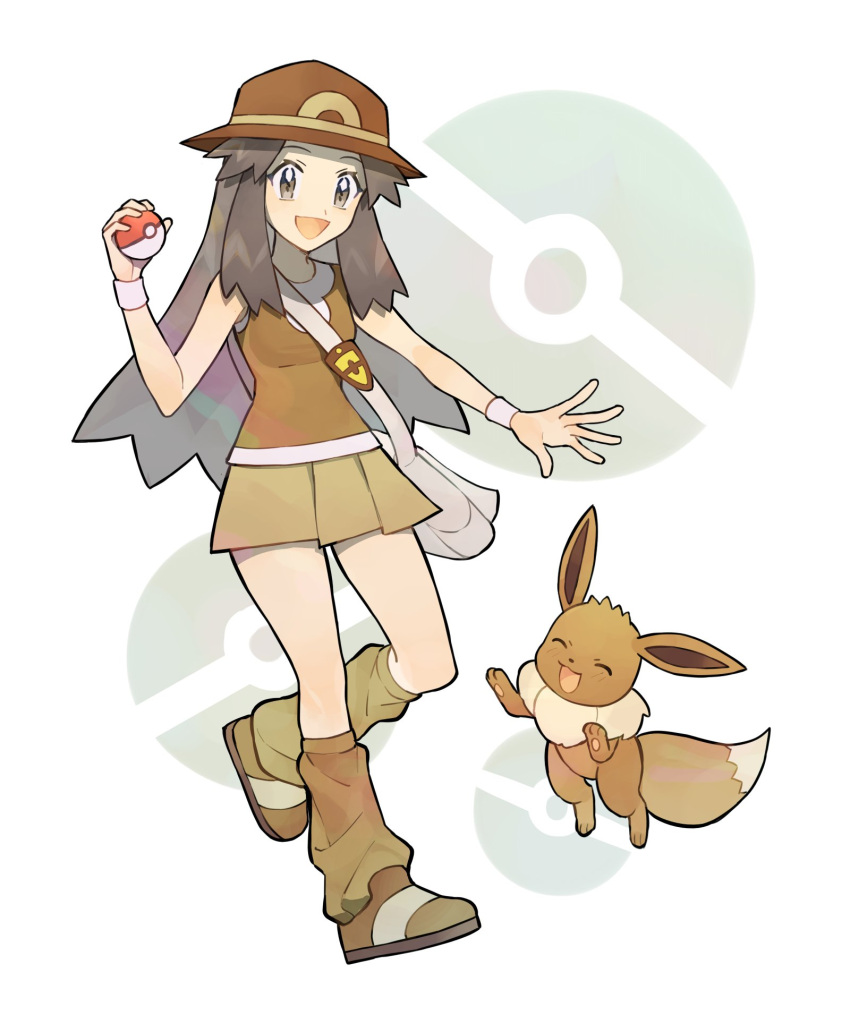 1girl :d bag breasts brown_eyes brown_footwear brown_hair brown_headwear brown_legwear brown_shirt brown_skirt bucket_hat chinese_commentary commentary_request eevee eyelashes gen_1_pokemon grey_bag hair_flaps hat highres holding holding_poke_ball leaf_(pokemon) long_hair loose_socks messenger_bag open_mouth pleated_skirt poke_ball poke_ball_symbol pokemon pokemon_(creature) pokemon_(game) pokemon_masters_ex rata_(m40929) shirt shoes shoulder_bag skirt sleeveless sleeveless_shirt smile tongue vs_seeker white_wristband wristband