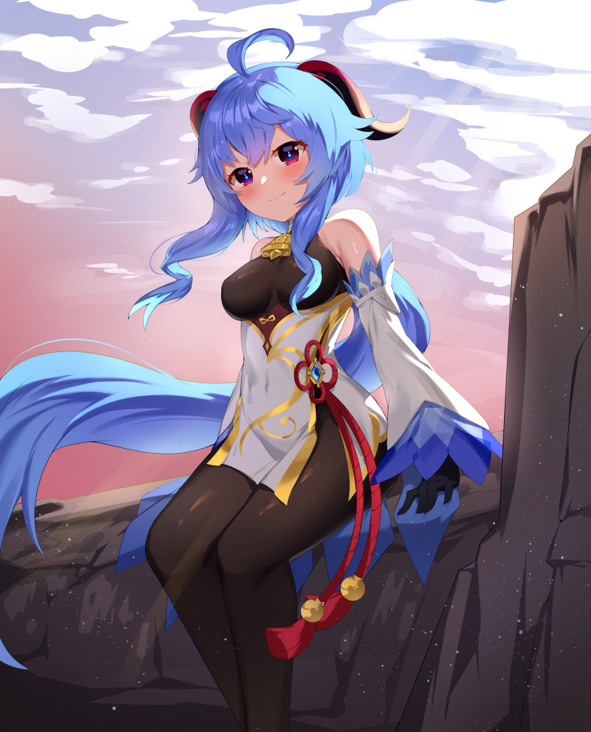 1girl absurdres ahoge bangs bare_shoulders bell black_gloves blue_hair bluerabbit_gap blush breasts closed_mouth clouds commentary cowbell day detached_sleeves eyebrows_visible_through_hair feet_out_of_frame flower_knot full_body ganyu_(genshin_impact) genshin_impact gloves goat_horns gold_trim highres horns light_particles light_rays long_hair long_sleeves looking_at_viewer medium_breasts outdoors rock sitting sky smile solo very_long_hair violet_eyes