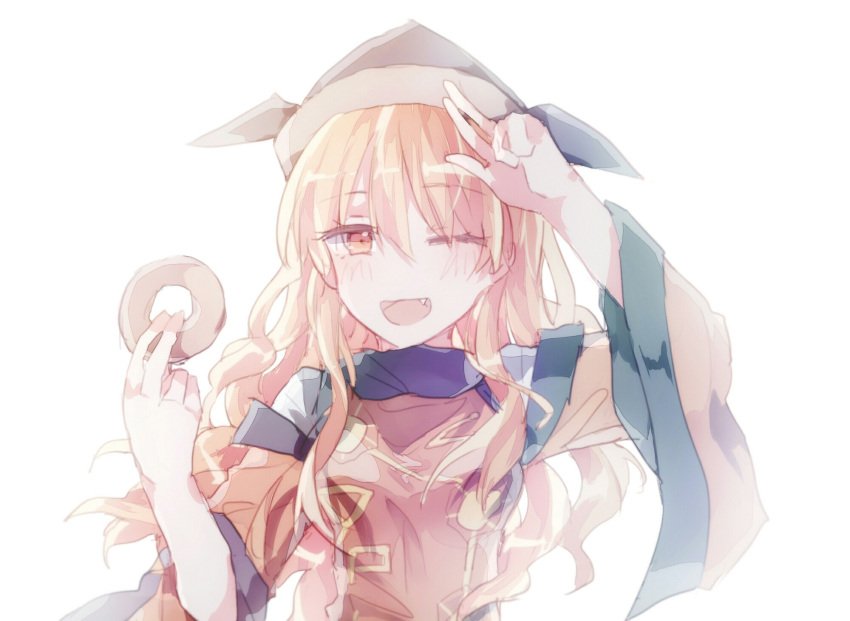1girl arm_up bangs blonde_hair blush breasts brown_headwear cape detached_sleeves doughnut eyebrows_visible_through_hair eyes_visible_through_hair food hair_between_eyes hands_up highres kyuutame long_hair long_sleeves looking_at_viewer matara_okina medium_breasts one_eye_closed open_mouth orange_cape orange_eyes orange_sleeves shirt simple_background smile solo sun_symbol touhou v white_background white_shirt