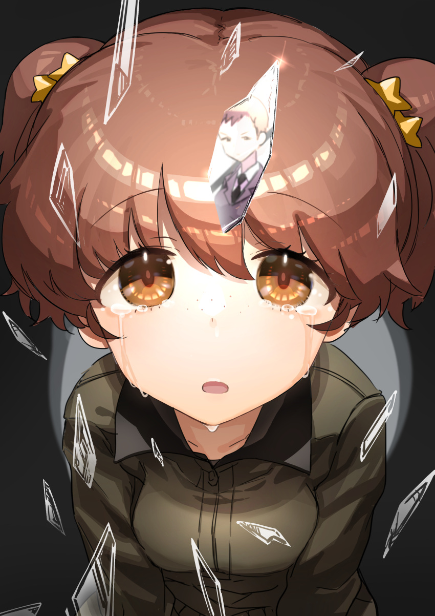 2girls absurdres alisa_(girls_und_panzer) broken_glass brown_eyes brown_hair collarbone crying crying_with_eyes_open freckles from_above girls_und_panzer glass hair_ornament highres looking_up multiple_girls naomi_(girls_und_panzer) open_mouth oshiri_seijin reflection sad saunders_military_uniform saunders_school_uniform school_uniform short_hair short_twintails star_(symbol) star_hair_ornament tears twintails