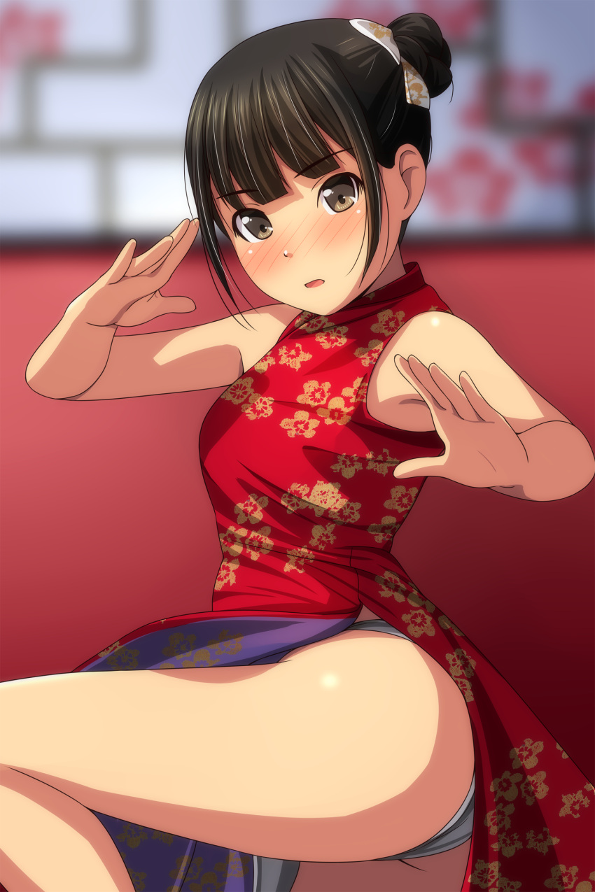 1girl absurdres ass bangs bare_arms bare_shoulders black_hair blurry blurry_background blush brown_eyes china_dress chinese_clothes depth_of_field dress eyebrows_visible_through_hair feet_out_of_frame floral_print grey_panties hair_bun highres looking_at_viewer matsunaga_kouyou nose_blush original panties parted_lips print_dress sleeveless sleeveless_dress standing standing_on_one_leg underwear
