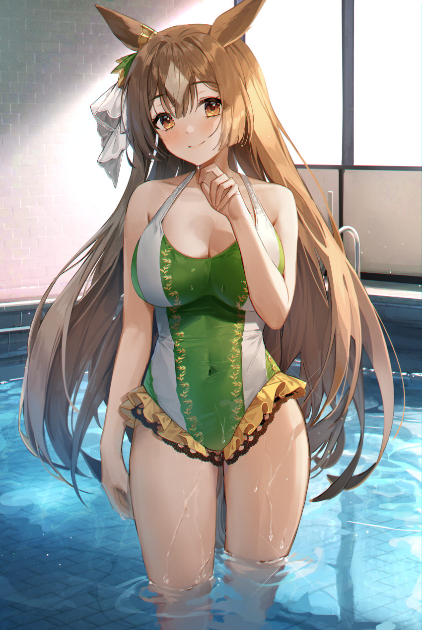 1girl absurdres animal_ears bangs blush breasts brown_eyes brown_hair closed_mouth commentary_request covered_navel eyebrows_visible_through_hair green_swimsuit hair_ribbon highres horse_ears horse_girl huge_filesize indoors large_breasts long_hair looking_at_viewer minttchocok one-piece_swimsuit partially_submerged pool ribbon satono_diamond smile solo standing swimsuit umamusume water wet white_ribbon