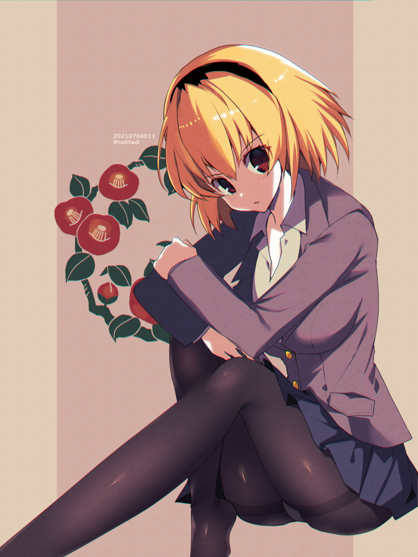 1girl 2021 bangs black_hairband black_legwear black_skirt blazer blonde_hair breasts closed_mouth collared_shirt dated eyebrows_visible_through_hair grey_background grey_shirt hair_between_eyes hairband highres higurashi_no_naku_koro_ni houjou_satoko jacket long_hair long_sleeves medium_breasts miniskirt panties panties_under_pantyhose pantyhose pleated_skirt red_eyes school_uniform shiny shiny_clothes shiny_hair shiny_legwear shirt sitting skirt solo st._lucia_academy_school_uniform tajima_yoshikazu thighband_pantyhose twitter_username underwear wing_collar