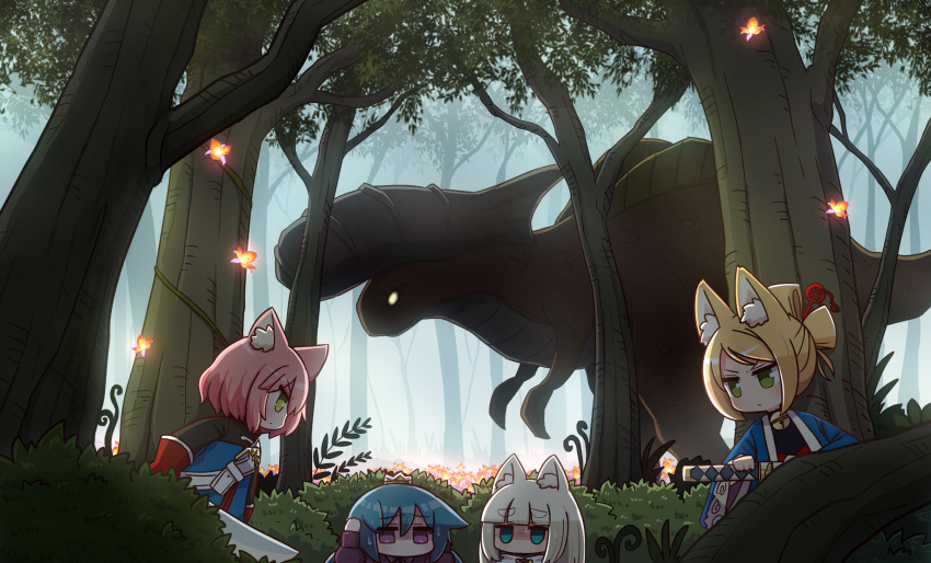 4girls 7th_dragon 7th_dragon_(series) animal_ear_fluff animal_ears arms_up bangs bell belt belt_buckle black_bodysuit blonde_hair blue_hair blue_jacket bodysuit buckle cat_ears commentary_request crown day eyebrows_visible_through_hair fighter_(7th_dragon) floro_(7th_dragon) forest green_eyes hair_between_eyes hands_on_own_head harukara_(7th_dragon) highres holding holding_sword holding_weapon ikurakun_(7th_dragon) jacket jingle_bell katana long_sleeves low_twintails mage_(7th_dragon) mini_crown momomeno_(7th_dragon) monster multiple_girls naga_u namuna_(7th_dragon) nature open_clothes open_jacket outdoors pink_hair princess_(7th_dragon) puffy_long_sleeves puffy_sleeves purple_jacket samurai_(7th_dragon_series) shaded_face short_eyebrows sword thick_eyebrows tree twintails violet_eyes weapon white_belt white_hair