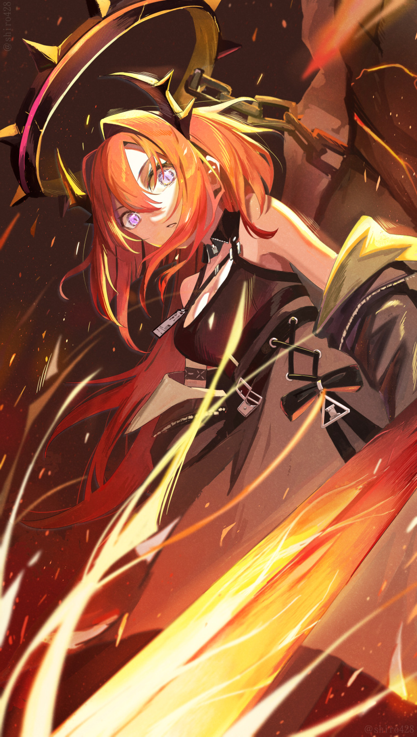 absurdres arknights black_dress collar demon_girl demon_horns dress highres holding holding_weapon horns long_hair looking_at_viewer redhead shi-ro spiked_collar spikes surtr_(arknights) sword very_long_hair violet_eyes weapon