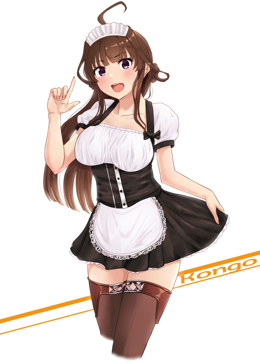 absurdres ahoge alternate_costume apron black_dress blush breasts brown_hair brown_legwear character_name collarbone corset double_bun dress enmaided eyebrows_visible_through_hair frilled_apron frilled_dress frills hair_between_eyes highres holding holding_clothes holding_skirt jousanrou kantai_collection kongou_(kancolle) large_breasts long_hair looking_at_viewer maid maid_apron maid_headdress open_mouth puffy_short_sleeves puffy_sleeves remodel_(kantai_collection) short_sleeves skirt smile thigh-highs violet_eyes waist_apron white_apron white_background wrist_cuffs