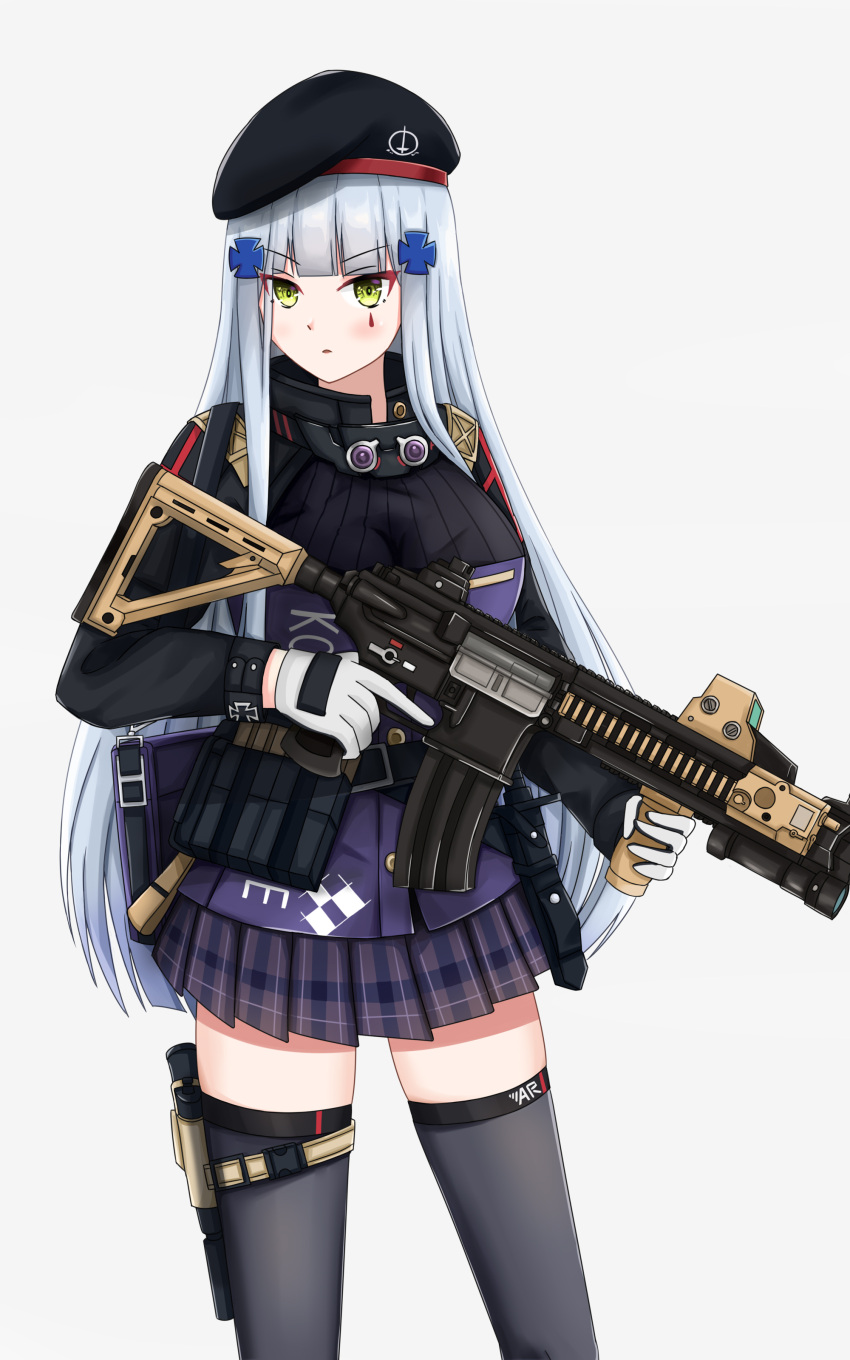 1girl absurdres assault_rifle bag bangs beret black_legwear blue_hair blush breasts checkered checkered_skirt closed_mouth daisy_cutter eyebrows_visible_through_hair feet_out_of_frame girls_frontline gloves green_eyes gun h&amp;k_hk416 hat highres hk416_(girls_frontline) holding holding_weapon holstered_weapon long_hair looking_at_viewer medium_breasts rifle skirt solo standing thigh-highs uniform weapon white_background white_gloves