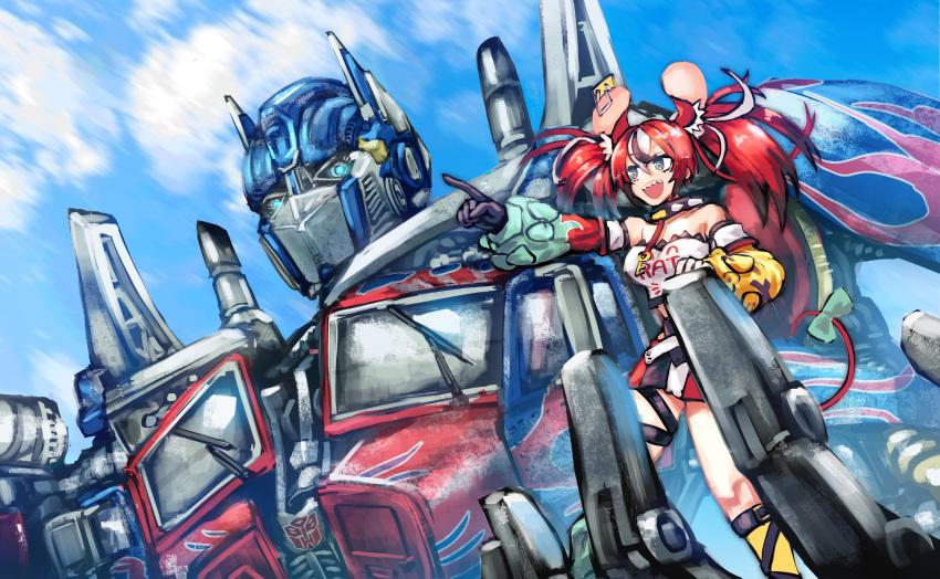 1girl absurdres animal_ears autobot black_gloves black_hair blue_eyes clouds crossover detached_sleeves dgrp_(minhduc12333) gloves hakos_baelz highres hololive hololive_english in_palm mecha mouse_ears mouse_girl multicolored_hair optimus_prime pointing redhead science_fiction skirt sky strapless thigh_strap transformers transformers_(live_action) tube_top virtual_youtuber white_hair white_skirt