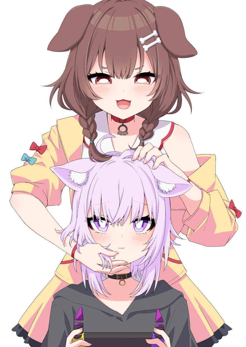 2girls :3 :d absurdres ahoge animal_collar animal_ear_fluff animal_ears behind_another black_hoodie blush bone_hair_ornament braid bright_pupils brown_eyes brown_hair cat_ears collar commentary_request controller cowboy_shot dog_ears eyebrows_visible_through_hair floppy_ears game_controller hair_between_eyes hair_ornament hand_on_another's_chin hand_on_another's_head highres holding holding_controller holding_game_controller hololive hood hood_down hoodie inugami_korone jewelry looking_at_another looking_at_viewer looking_down multiple_girls nekomata_okayu nintendo_switch off-shoulder_shirt off_shoulder open_mouth partial_commentary pendant purple_hair shirt shirt_under_shirt short_hair simple_background skirt smile standing tsukimirin twin_braids upper_body virtual_youtuber white_background white_pupils white_shirt wristband yellow_shirt yellow_skirt