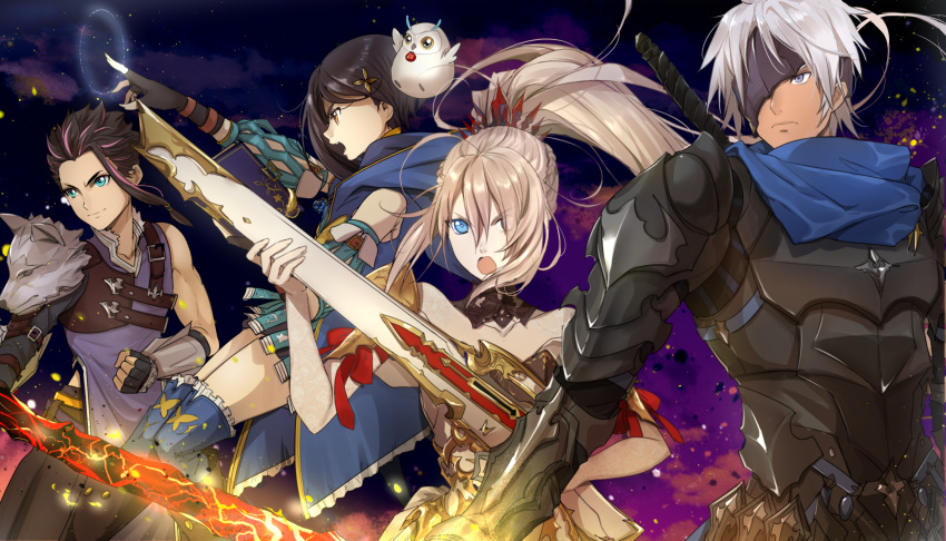 2boys 2girls :o alphen_(tales) armor bird black_armor black_gloves black_hair blue_eyes blue_legwear blue_scarf braid brown_eyes brown_hair detached_collar fingerless_gloves fururu_(tales) gloves grey_eyes hair_ornament highres hood law_(tales) long_hair multicolored_hair multiple_boys multiple_girls open_mouth owl pink_hair ponytail purple_background purple_shirt rinwell_(tales) scarf shionne_(tales) shirt short_hair skirt spiky_hair streaked_hair tales_of_(series) tales_of_arise thigh-highs tusia two-tone_hair white_hair