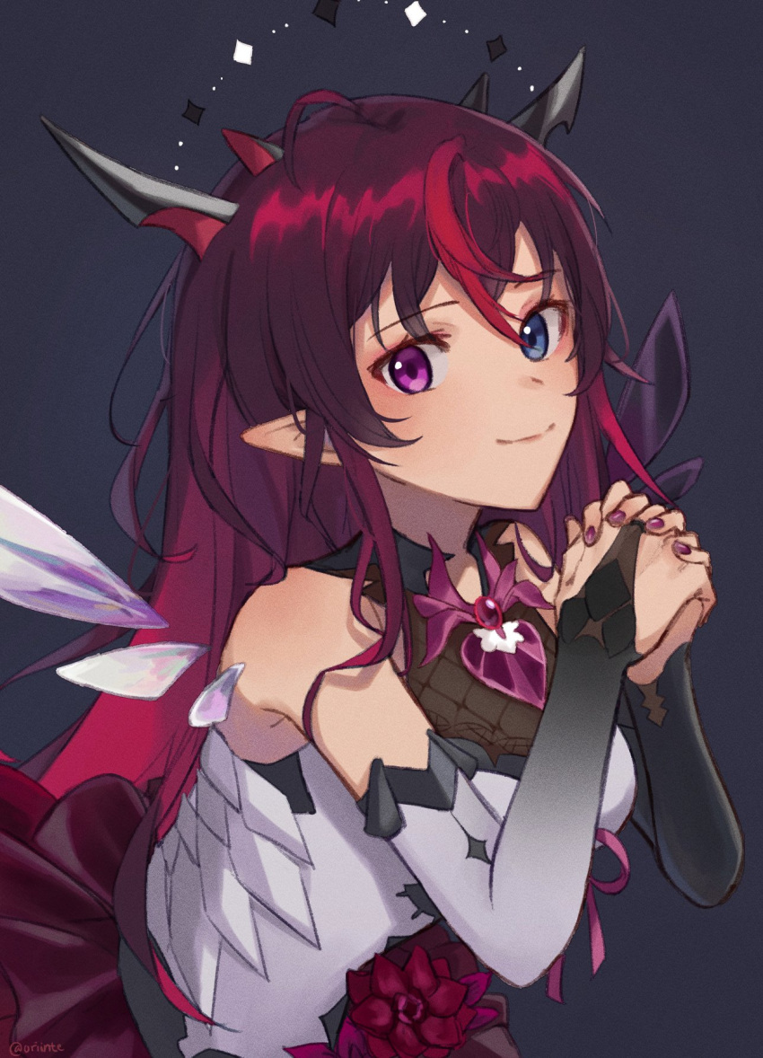 1girl bangs bare_shoulders blue_eyes breasts detached_sleeves dress heterochromia highres hololive hololive_english horns irys_(hololive) long_hair looking_at_viewer multicolored_hair orinte pointy_ears purple_hair smile solo violet_eyes virtual_youtuber wings
