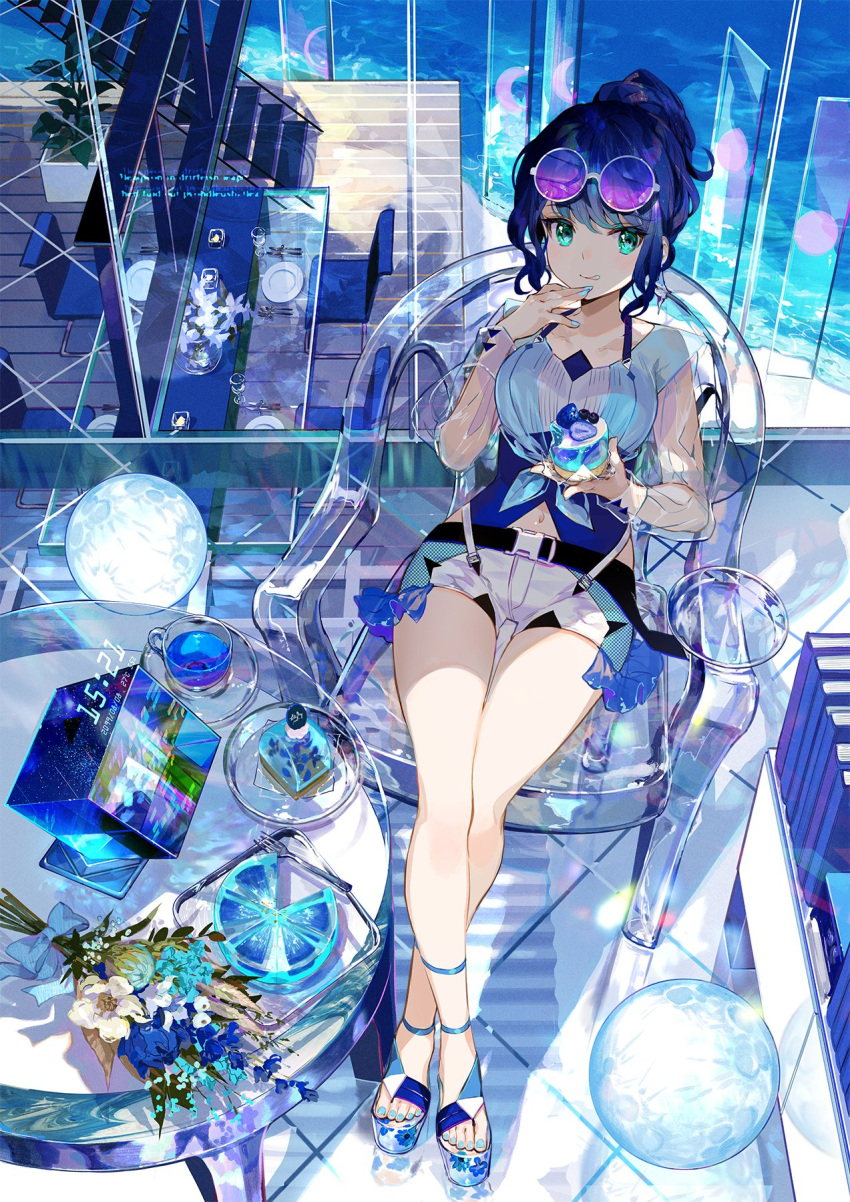 1girl :q aqua_eyes belt blue_hair blue_nails blue_shirt blue_theme chair closed_mouth clothing_cutout eyewear_on_head front-tie_top fuzichoco glass highres indoors long_hair looking_at_viewer nail_polish navel navel_cutout original round_eyewear sandals shirt short_shorts shorts side_cutout sitting smile solo sunglasses table thighs tongue tongue_out white_shorts