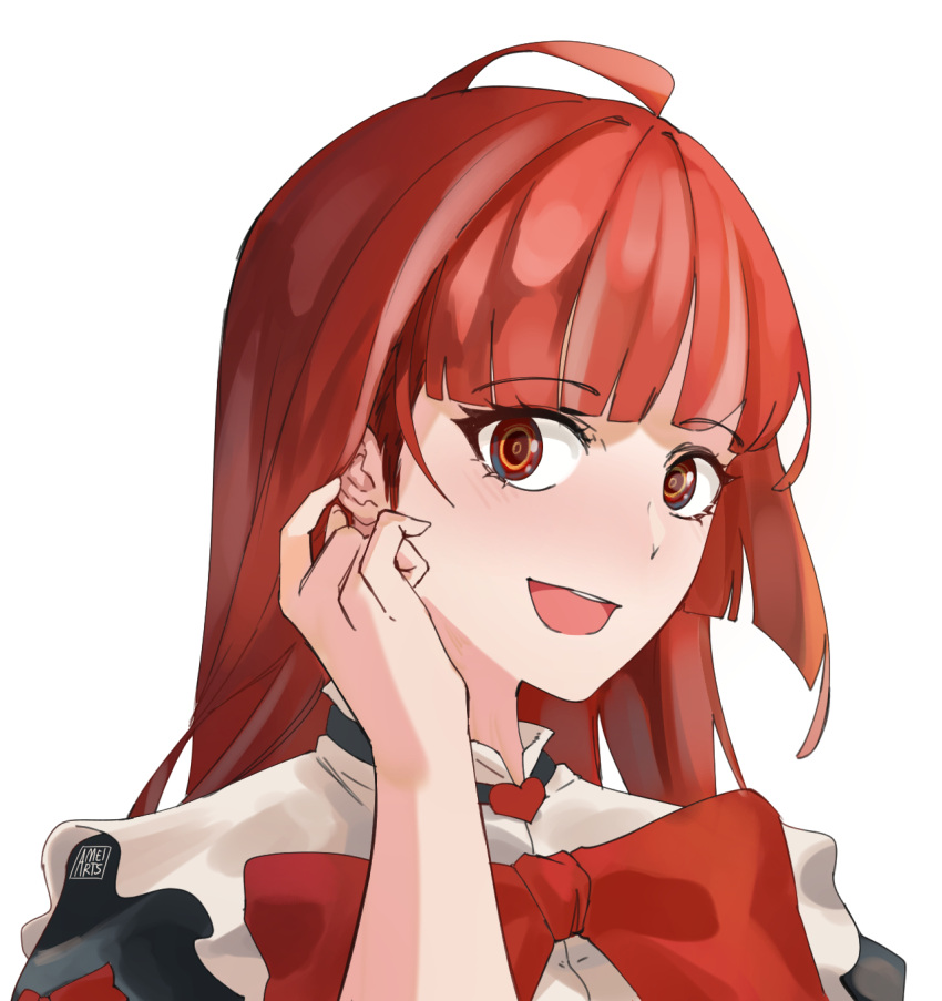 1girl adjusting_hair ahoge ameiarts artist_name bangs blunt_bangs blush bow commentary eyebrows_visible_through_hair heart highres hololive hololive_indonesia kureiji_ollie large_bow long_hair looking_at_viewer olivia_(kureiji_ollie) open_mouth red_eyes red_neckwear redhead simple_background solo virtual_youtuber white_background