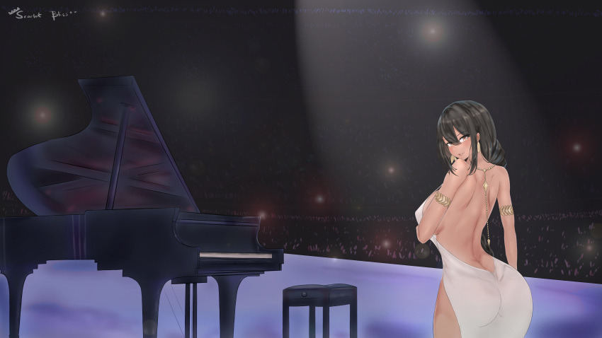 1girl absurdres armlet ass azur_lane backless_dress backless_outfit black_hair braid breasts butt_crack cocktail_dress dark-skinned_female dark_skin dress earrings feather_earrings feathers grand_piano highres instrument jewelry large_breasts native_american no_bra no_panties piano scarletbliss sheer_clothes sideboob south_dakota_(azur_lane) south_dakota_(solo_concert)_(azur_lane) yellow_eyes