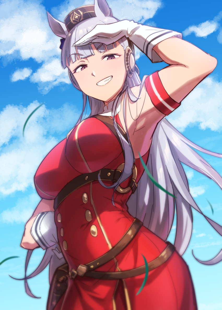 1girl absurdres animal_ears armband armpits bangs belt_pouch blue_sky blunt_bangs breasts buttons contrapposto cowboy_shot double-breasted dress eyebrows_visible_through_hair gloves gold_ship_(umamusume) grey_hair grin hand_on_hip highres horse_ears horse_girl horse_tail large_breasts long_hair looking_at_viewer pillbox_hat pouch red_dress shading_eyes shituzhi silver_hair sky sleeveless sleeveless_dress smile solo tail umamusume violet_eyes white_gloves